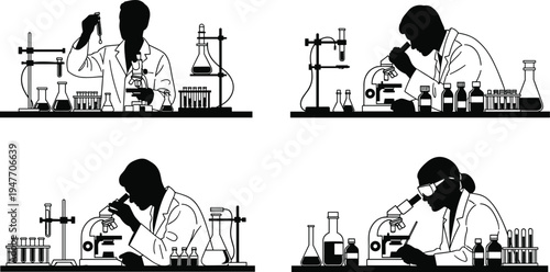 Set of scientist silhouettes working in laboratory with microscope and test tubes isolated on white background, medical research vector illustration icons (20 words)