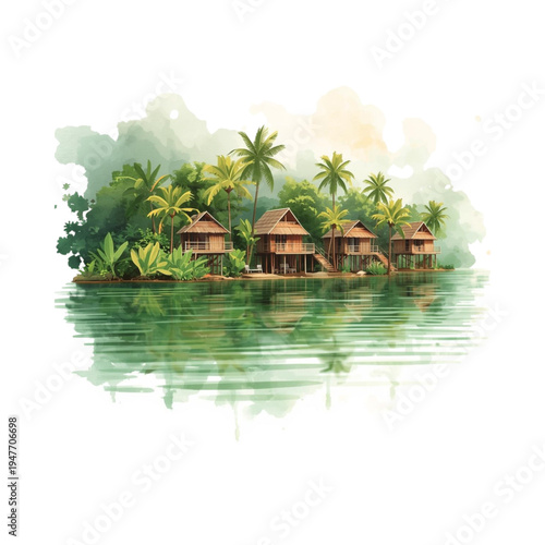 Tropical Island Village with Wooden Houses and Palm Trees Watercolor Illustration