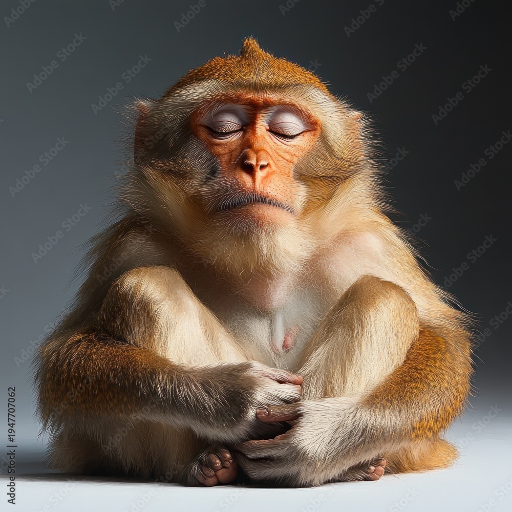 Obraz premium curled reddish-brown monkey sitting with arms wrapped around legs on neutral gray background, calm and contemplative studio portrait