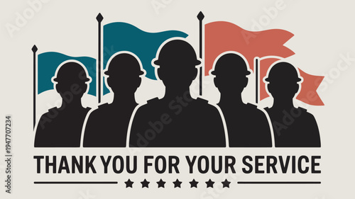 A graphic illustration of soldiers silhouettes with flags and a thank you for your service message