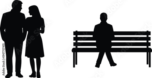 Couple silhouette and man on bench, lonely person, relationship scene, people standing, sitting alone, love and solitude, human silhouette illustration set