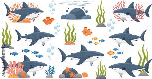 Cute shark cartoon vector set with coral reef, tropical fish, bubbles, sea plants and underwater elements, playful marine life illustration collection for ocean themed design projects