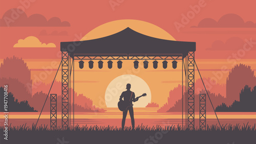 A musician plays guitar on an outdoor stage at sunset with a vibrant sky and silhouetted trees in the background.