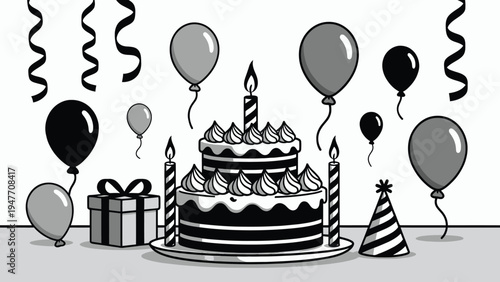 Black and white birthday cake vector illustration with balloons and gifts