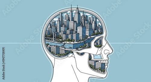 Conceptual illustration of a city skyline within a human head, representing urban planning and thought processes