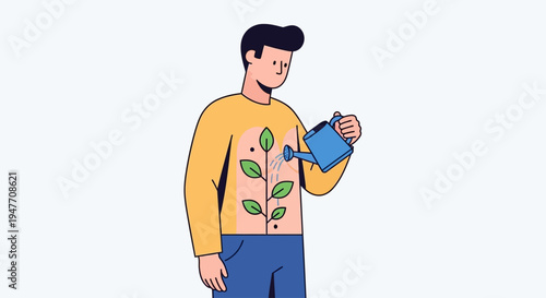 Person watering a plant growing inside their body symbolizing growth and self-care