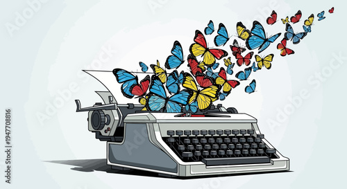 Colorful butterflies emerge from a vintage typewriter, a powerful symbol of creative freedom, blossoming ideas, and the transformative journey of imagination through writing