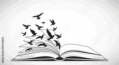 An artistic illustration of an open book with birds taking flight from its pages, symbolizing the profound freedom of knowledge, the liberation of imagination, and the power of ideas