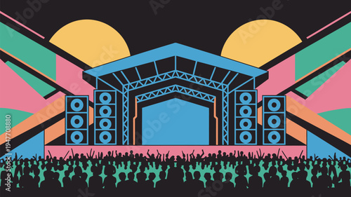 A vibrant concert stage with a lively crowd under a colorful sunset