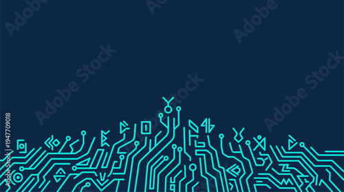 Abstract technology background with cyan digital circuit lines and geometric symbols vector illustration
