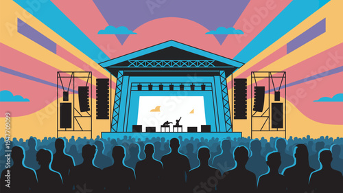 A vibrant concert scene with a musician performing on stage in front of a colorful audience at sunset