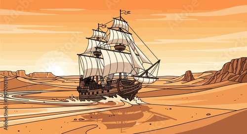 Fantastic voyage of a classic sailing ship traversing a winding desert river, an imaginative scene depicting an impossible adventure under a warm, glowing sky