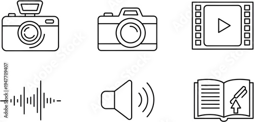 Camera video audio and book creative tools set flat design vector illustration scalable graphic