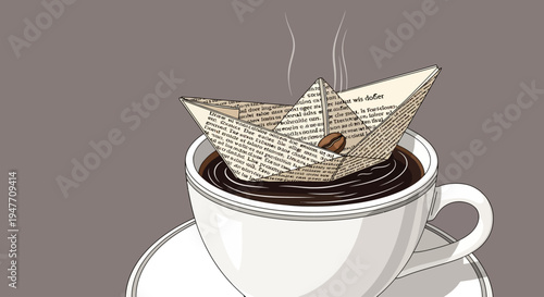 A steaming cup of coffee with a paper boat made of newspaper pages floating on its surface, a coffee bean rests on the boat