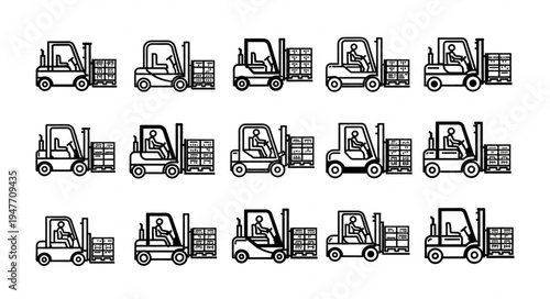 Set of Forklift Truck Icons in Different Poses.