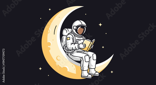 An astronaut reads a book on a crescent moon surrounded by stars. This peaceful moment promotes knowledge, imagination, and quiet cosmic discovery