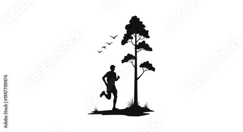 Silhouette of a man running beside a tall pine tree with birds flying.