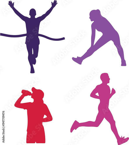 Silhouettes of Athletes Running and Drinking marathon