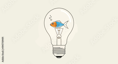 Conceptual illustration of an innovative idea, showcasing a vibrant goldfish swimming in water contained within a traditional light bulb, symbolizing fresh perspective, ingenuity, and creative insight