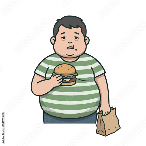 Overweight Man Holding Burger and Bag Illustration