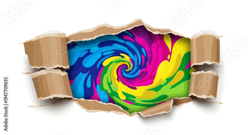 Abstract colorful paint splash inside torn paper with a spiral pattern and vibrant colors on a white background