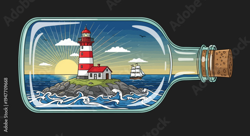 Whimsical maritime journey depicted within a glass bottle, showcasing a radiant lighthouse, a sailing ship on a rolling ocean, and a beautiful sunrise sky
