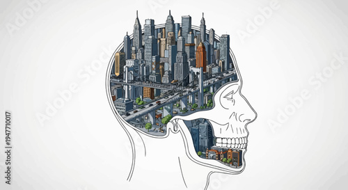 Conceptual representation illustrating an urban landscape intricately embedded within the human mind, symbolizing the complexity of thought, innovation, and modern city planning