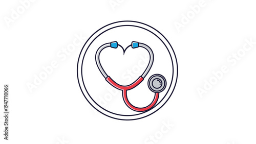 Medical stethoscope forming a heart shape inside a circular frame representing healthcare services and cardiovascular wellness.