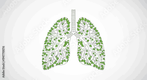Illustrative representation of healthy human lungs designed with vibrant green leaves and branching structures, symbolizing clean air, wellness, and natural breathing for respiratory health