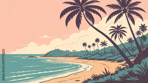 Serene Tropical Beach Sunrise with Palm Trees Vector