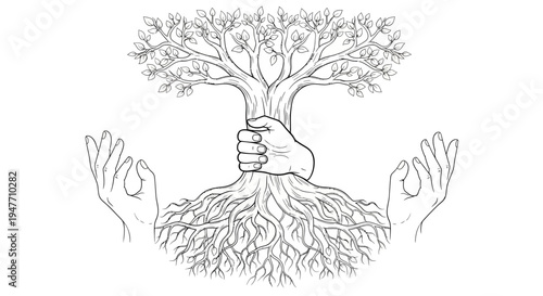 Symbolic black and white illustration of hands supporting a rooted tree, representing environmental stewardship, human connection to nature, and sustainable growth concept