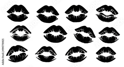 Collection of Black Lipstick Kiss Marks on White Background.