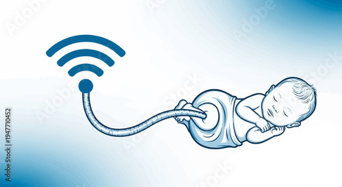 Future of Infancy Conceptual illustration of a peaceful baby connected to a powerful wireless internet signal, symbolizing digital integration from the earliest stages of life