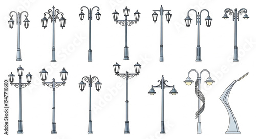 Collection of vintage street lamps and lampposts in black and white.