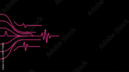 Minimalist pink electronic pulse lines on black background abstract vector illustration