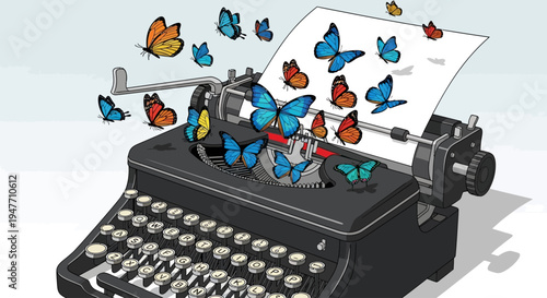 Butterflies Emerging from a Typewriter, Symbolizing Creativity and Ideas Taking Flight