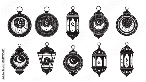 A set of ten black and white lanterns with crescent moon designs, symbolizing Eid al Fitr celebrations, on a clean white background, ideal for Ramadan and Islamic holiday themed projects.