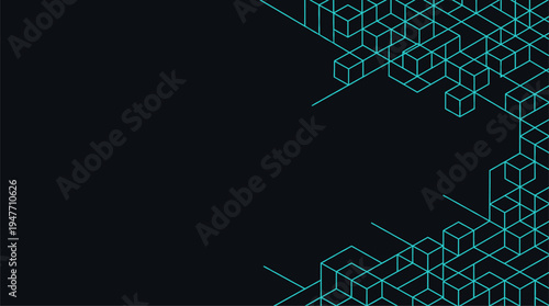 Abstract isometric cyan geometric cubes on black background vector illustration