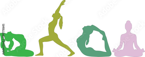 Silhouettes of people in various yoga poses in green and pink
