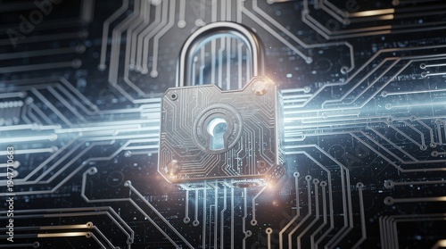 A futuristic digital padlock symbolizes cybersecurity and data protection on a complex circuit board background.