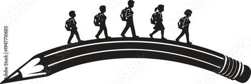 Children Walking on Pencil Back to School Creative Education Concept Vector Silhouette
