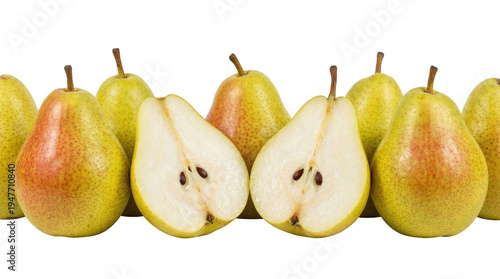 Ripe and Juicy Clapp's Favorite Pears: A Row of Whole and Halved Fruits Displaying Their Freshness and Natural Beauty on a Transparent Background, Perfect for Food-Related Designs