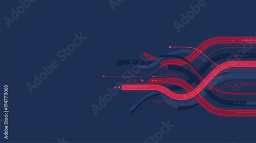 Abstract red and blue digital technology lines flowing on dark background vector illustration