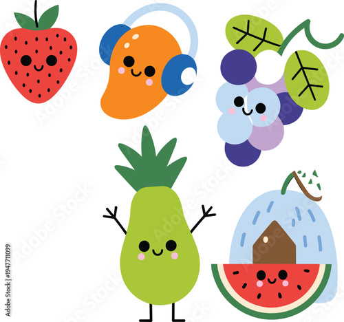 Cute, colorful kawaii fruit characters illustration, strawberry, mango, grapes, pineapple, watermelon, smiling cartoon food, kids design, nursery wall art vector
