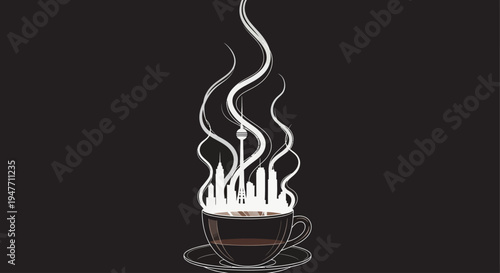 Abstract illustration of a city skyline emerging from the steam of a warm coffee cup, symbolizing urban energy and the daily morning routine of city dwellers