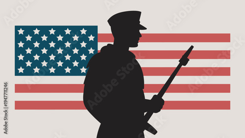 A silhouette of a soldier standing proudly in front of the American flag with a rifle.