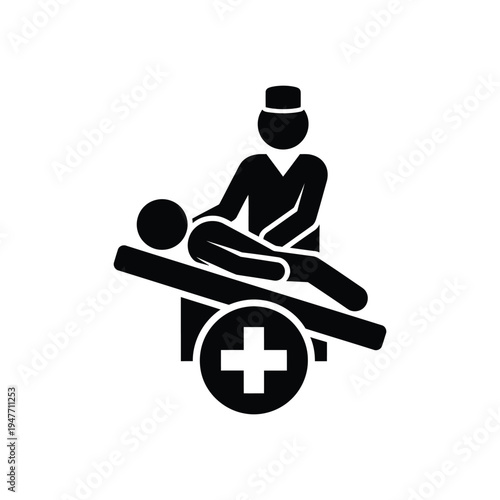 A medical professional attends to a patient on a stretcher with a cross.