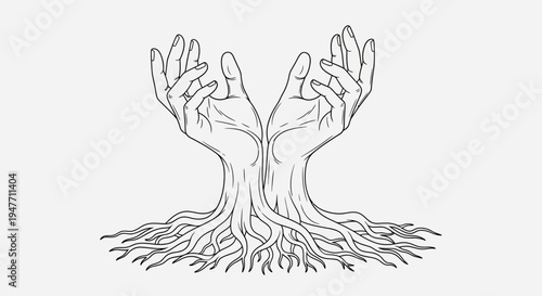 Illustration of hands transforming into a tree with roots spreading out, symbolizing growth, connection, and nature's power
