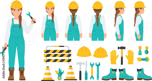 female construction worker character set, engineer outfit front side back view, safety equipment tools collection, builder illustration