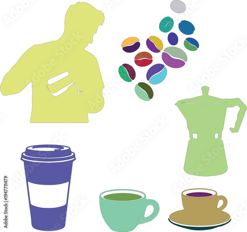 Silhouettes of Person Coffee Beans Moka Pot Cups and Mugs